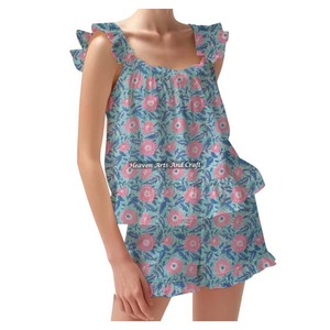 Ensembles de pyjama en coton à la mode bohème-Chemise en coton Printemps/Été Ensemble de pyjama à bretelles ajustées à volants et à fleurs - Product Image 4