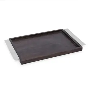 Wooden dark color Tray Tea Serving Tray Nesting Wooden with metal polished Handle unique square shape hotel supplies wood tray