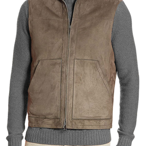 Men's Brown Genuine Leather Vest Zip Up Stand Collar Sleeveless <b>Waistcoat</b> - Product Image 5
