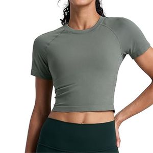 <b>Light</b> Pink Crew <b>Neck</b> Women Yoga Crop Tops Nylon Spandex Breathable Ultra Soft High Support Fitness Exercise Yoga Tops - Product Image 5