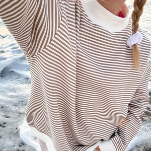 Custom Logo Printed Letter Winter Women's Striped Mock Neck Knitted Oversized Long Sleeve Pullover Sweatshirt - Product Image 5