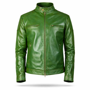 Unisex Green Genuine <b>Leather</b> Waterproof Breathable Moto <b>Jacket</b> Slim Fit Stand Collar Zipper Closure Regular Sleeve Solid Color - Product Image 1