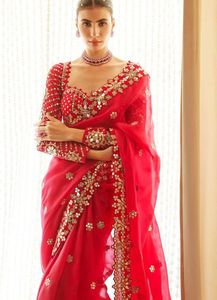 Luxury <b>Red</b> Organza Saree with Mirror Embroidery Work Designer Winter Wedding Party Wear Wrinkle Free Indian Saree for Women - Product Image 2