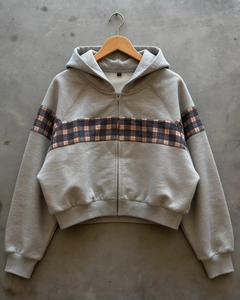 Vêtements personnalisés en coton lourd, patchwork, couleur contrastée, plaid, sweat à capuche court pour hommes - Product Image 1