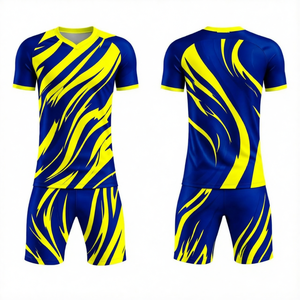 Conjunto de Camiseta de Fútbol a Rayas Azules y Amarillas para Hombre, Cuello en V, Manga Corta, Uniforme Deportivo Transpirable con Estampado Sublimado - Product Image 1