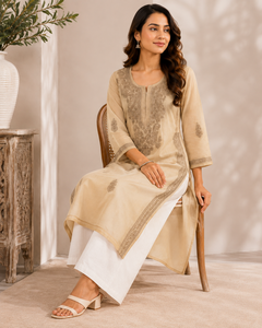 Beige Embroidered Straight Elegant Sand Beige Embroidered <b>Kurta</b> Set Buy Direct From Supplier - Product Image 2