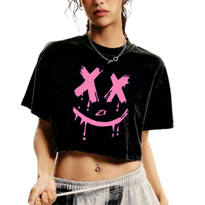 T-shirt court noir délavé pour femme, style Y2K Streetwear, avec logo personnalisé, coupe oversize graphique et carrée, en coton, haut de mode estival, chemises pour femmes - Product Image 6