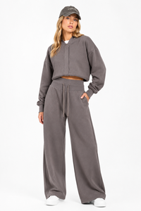 Customized Blue <b>Oversized</b> Cropped Sweatshirt Tracksuit Women Solid Heavy Fleece Loungewear Wide High Waist <b>Sweatpants</b> Wholesale - Product Image 5
