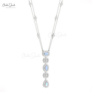 Collier Halo en Or Massif 14 carats avec Pierre de Lune Arc-en-ciel Naturelle 5x3mm et Diamant Blanc, Collier Lariat – Fournisseurs en Gros - Product Image 2