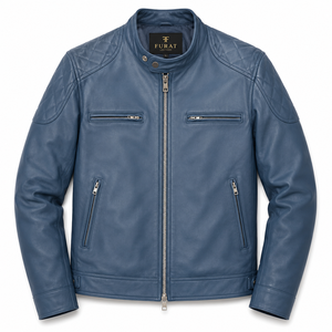 Chaqueta de Cuero Genuino Azul Invierno para Hombre, Estilo Motero, Cuello Alto, Cierre de Cremallera, Resistente al Viento, Transpirable, Secado Rápido, Ecológica - Product Image 5
