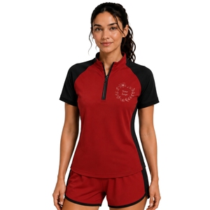 Ensemble de sport pour femme rouge et noir : T-shirt à demi-zip et short, séchage rapide, manches courtes, tenue de fitness, gym, tennis, personnalisable - Product Image 1