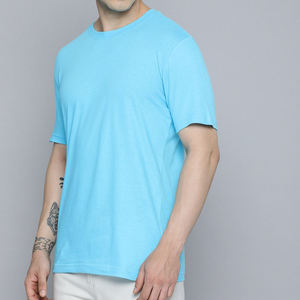 T-shirt en coton bleu clair à col rond et manches courtes pour homme, coupe classique, couleur unie, tricot décontracté - Product Image 5