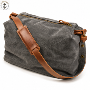 <b>Charcoal</b> Waxed Canvas Duffel <b>Bag</b> with Padded Shoulder Strap | Washed Travel Weekender Luggage with Zipper and Metal Hardware <b>Bag</b> - Product Image 1