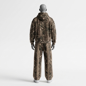 Ensemble survêtement homme marron camouflage avec sweat à capuche zippé et pantalon large – Tenue décontractée streetwear personnalisable avec logo - Product Image 4