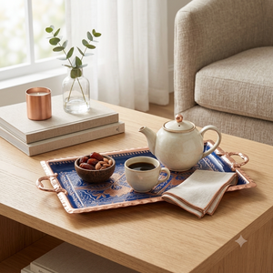 Plateau de service ovale en cuivre artisanal turc, design floral en émail bleu, plateau décoratif de luxe pour la maison, l'hôtel, la salle à manger - Product Image 4