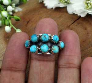 Handmade 925 Sterling Silver Multi-Stone Kingman Blue Turquoise Cluster <b>Adjustable</b> Statement Boho Vintage Opaque Gemstone <b>Ring</b> - Product Image 1