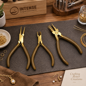 Juego de alicates profesionales para hacer joyas, acabado dorado, mango marrón oliva, punta redonda, cortador lateral, herramientas multifunción para dar forma a alambres - Product Image 2