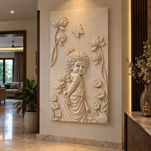 Panel de Arte Mural 3D de Krishna, Escultura del Dios Krishna Bebé Bal Gopal, Decoración de Pared, Arte Relieve del Dios Indio, Flor de Loto, Personalizado - Product Image 1