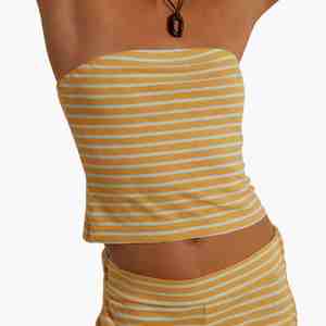 Women Striped Tube Top And Wide Leg Pants <b>Set</b> Loose Fit Casual Outfit Breathable Knitted Cotton Spandex Two Piece Co-ord <b>Set</b> - Product Image 3