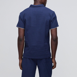 Polo de Punto Azul Marino para Hombre, Manga Corta, Corte Regular, Ribete en Contraste, Color Sólido Informal, Cierre de Cremallera - Product Image 2