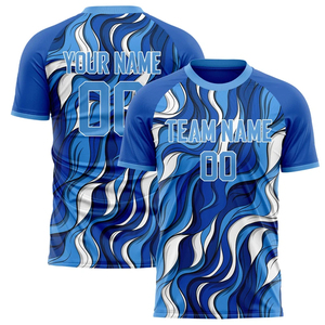 Camiseta de Fútbol Personalizada Unisex para Adultos, Cuello Redondo Azul, Manga Corta, Impresión Sublimada con Nombre y Número del Equipo, Absorbe la Humedad, 100% Poliéster - Product Image 5