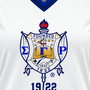 Camiseta de Hockey para Mujer Sigma Gamma Rho, Blanca, con Gráfico de Escudo Personalizado, Cuello en V, Manga Corta, Ropa Deportiva para Hermandades Griegas - Product Image 6