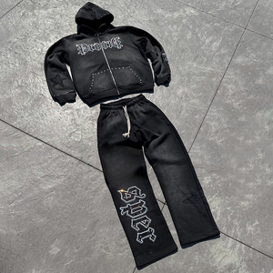 Sweat suit made in French Terry Men Distressed and Rhinestones Heavy Weight <b>Thick</b> <b>Fleece</b> Cotton Oversized Tracksuits for Men - Product Image 1