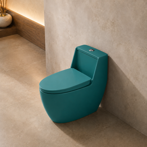 Inodoro de una pieza ovalado de color verde botella con acabado mate, de diseño minimalista, de cerámica con superficie lisa, para instalar en el suelo. - Product Image 5