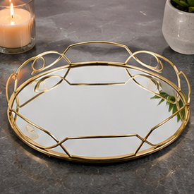 Round Metal Storage <b>Tray</b> With <b>Mirror</b> Insert Modern Design Durable Indoor Tabletop Accessory Living Room Decor - Product Image 3