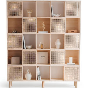 Premium Japandi Teak <b>Wood</b> <b>Bookcase</b> Rattan Webbing Door Cube Display Cabinet - Product Image 2