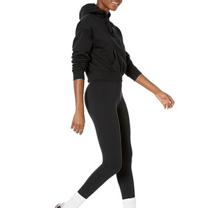 Sudadera con capucha corta negra para mujer, estilo pullover, con hombros caídos y bolsillos, top corto deportivo - Product Image 3
