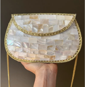 Elegant Gold Chain Iridescent Mosaic Mother <b>Pearl</b> <b>Clutch</b> Purse Handcrafted Unique Bridal Accessory for Summer Zipper Fashion - Product Image 5
