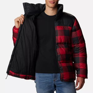 Men's Red Black Plaid Canvas Puffer Jacket Hooded Stand Collar Zipper Closure Windproof Casual Winter Thick Polyester Front - Product Image 4