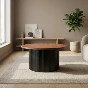 Mesa de Centro Redonda Moderna con Tapa de Madera, Base Negra Acanalada, Ecológica, con Almacenamiento, Minimalista, Fácil de Limpiar, Mueble para Sala de Estar - Product Image 5