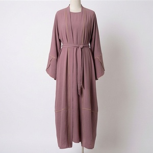 New Design Open Abaya Set Modest Style 2-Piece Women Clothing <b>Silky</b> Polyester Beaded Lightweight V Neck Customized Color - Product Image 1