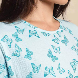 Women's Light Blue Butterfly Printed <b>Short</b> Sleeve <b>Top</b> <b>And</b> <b>Shorts</b> <b>Set</b> Casual Spring Summer Wear 100% Cotton Breathable Loose Fit - Product Image 4