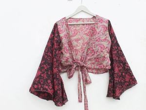 New Arrival Short Woven Eco-Friendly Recycled <b>Silk</b> Wrap Tie <b>Top</b> Bell Sleeve Kimono Gift <b>for</b> Her Floral - Product Image 5