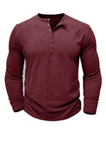 Men's Short Sleeve Henley T-Shirt Solid Maroon Jersey Knitted Regular Fit Casual Button-Up 180g Breathable Enzyme Wash