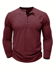 Men's Long Sleeve Henley T-Shirt Solid Maroon Knitted Slim Fit Casual Regular Length Button-Up made in Bangladesh - Product Image 3