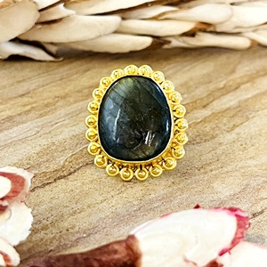 High Demand Boho Labradorite <b>Ring</b> Vintage Brass <b>Rings</b> for Women 18k Gold Plated Beaded Tribal <b>Statement</b> for Wholesale/OEM/ODM - Product Image 1