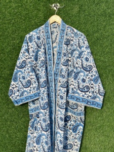 100% Cotton Soft V-neck Full Length Handcrafted <b>Kimono</b> Bathrobe Paisley Floral Block Print Casual Robe Lightweight Sleepwear - Product Image 5
