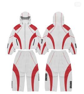 BRAND Sporty <b>Tracksuit</b> Set White Red Color Blocking Hooded Full Sleeve Zipper Closure Quick Dry 100% Nylon <b>Tracksuit</b> - Product Image 1