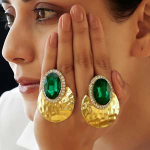 PRAO Grand Oval Emerald Statement Earrings Anti-Tarnish Fashion Studs - Product Image 4