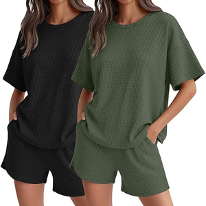 Women Casual <b>Waffle</b> Knit Two Piece Shorts Set Loose Fit Lounge Wear Clothing for Ladies Wholesale - Product Image 1