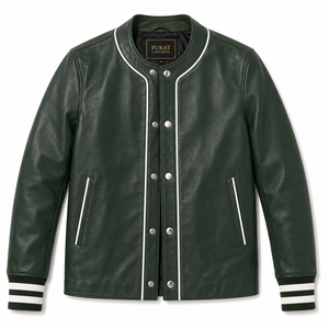 Veste universitaire en cuir vert pour homme Furat Leathers, coupe-vent, respirante, col montant, fermeture éclair, personnalisable - Product Image 1