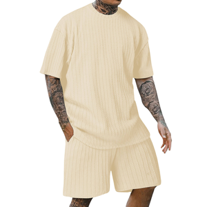 New Fashion Summer Men's Casual 2-Piece <b>Knitted</b> 300gram Solid Pattern Quick Dry Breathable T-Shirt and Shorts <b>Set</b> - Product Image 3