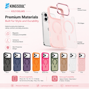 เคสโทรศัพท์แบบพับได้พร้อมขาตั้งโลหะ แม่เหล็กแรงสูง 2.0 มม. วัสดุ PC+TPU ผิวด้าน ปุ่มโลหะ และวงแหวนป้องกันกล้อง สำหรับ iPhone 17/16/15 และ Samsung - Product Image 4