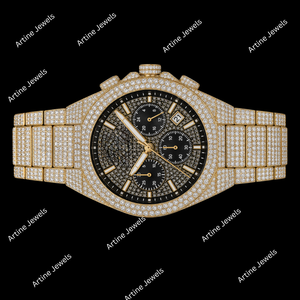 Montre Chronographe Diamant Or Luxe Bracelet Sertie de Diamants Cadran Noir Bijou Tendance Accessoire Homme - Product Image 2
