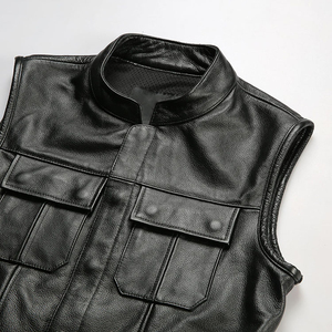 Gilet de moto en cuir véritable pour homme, col montant, fermeture éclair, couleur unie, veste de motard, vêtements d'extérieur automne-hiver, gilets en cuir - Product Image 3