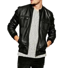 Black Slim Fit Zipper Genuine Leather <b>Jacket</b> Men Casual <b>Biker</b> <b>Jacket</b> - Product Image 1